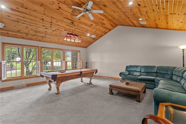 recreation room featuring carpet, ceiling fan, pool table, and wooden ceiling