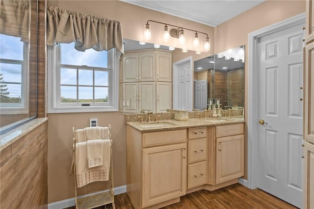69 Orchard St, Carroll Twp, PA 15022 - bathroom featuring wood finished floors, double vanity, tiled shower, and baseboards