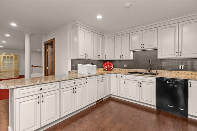 kitchen with white cabinetry, black dishwasher, dark wood-type flooring, and sink