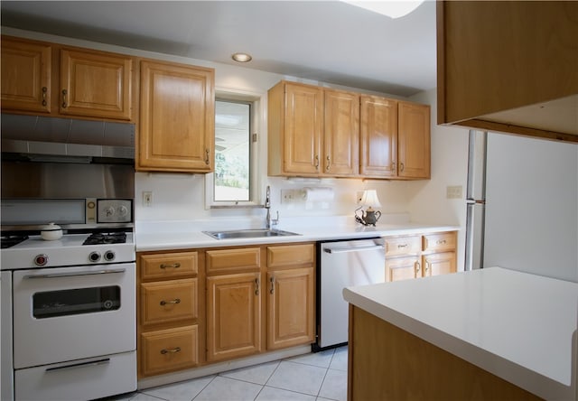 kitchen featuring light tile patterned floors, dishwasher, white range oven, sink, and ventilation hood