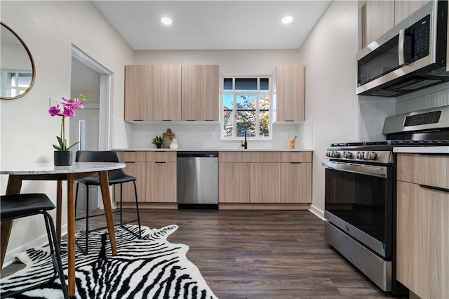 kitchen with light brown cabinetry, sink, dark wood-type flooring, and stainless steel appliances