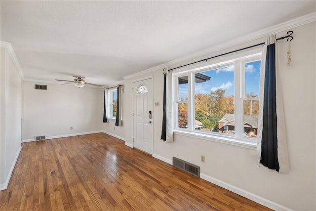 foyer with ornamental molding, wood-type flooring, and a wealth of natural light