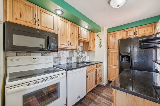 kitchen with light brown cabinetry, black appliances, dark hardwood / wood-style floors, and backsplash