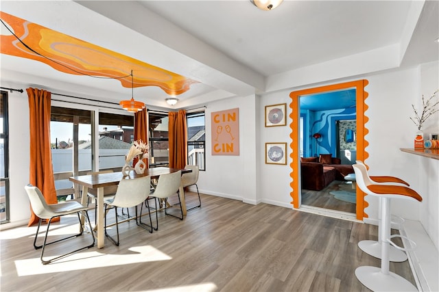 dining area with hardwood / wood-style flooring and a raised ceiling