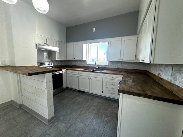 kitchen featuring sink, butcher block counters, backsplash, white cabinetry, and stainless steel electric range