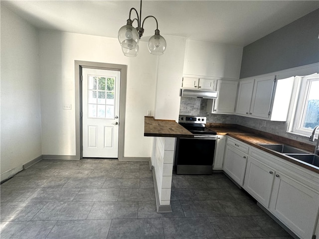 kitchen with electric range, decorative light fixtures, white cabinets, and butcher block counters