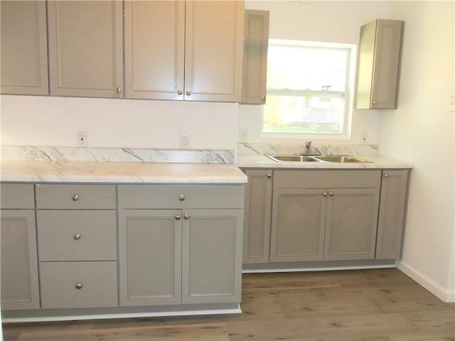 kitchen featuring dark hardwood / wood-style floors, gray cabinetry, and sink