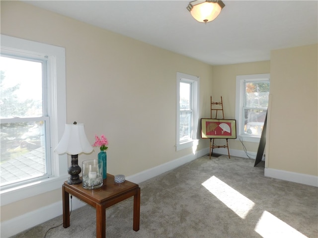 sitting room with light colored carpet