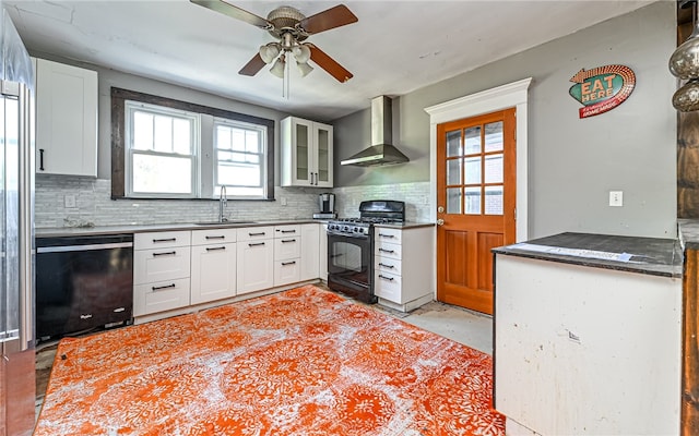 kitchen with black appliances, wall chimney range hood, tasteful backsplash, and plenty of natural light