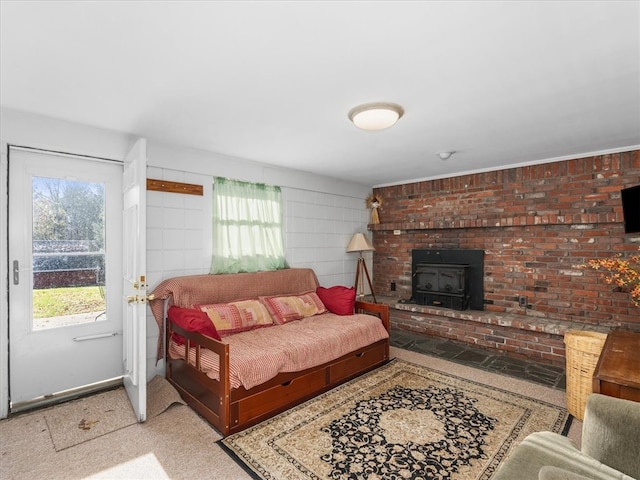 living room with a wood stove