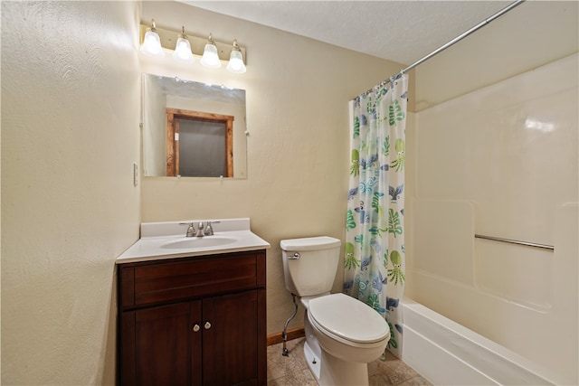 full bathroom with toilet, a textured ceiling, shower / tub combo with curtain, and vanity