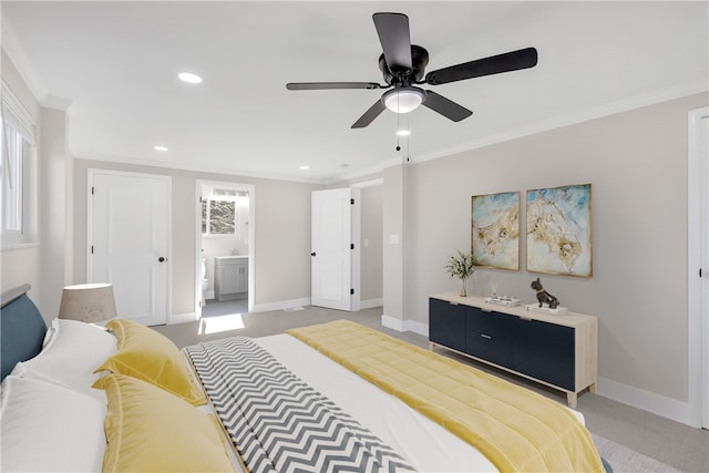 carpeted bedroom with multiple windows, ornamental molding, and ceiling fan