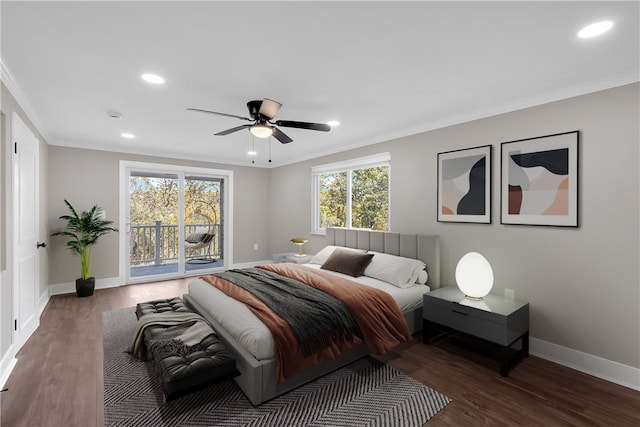 bedroom featuring dark wood-type flooring, crown molding, access to outside, and ceiling fan