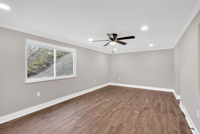 unfurnished room with ornamental molding, hardwood / wood-style flooring, and ceiling fan