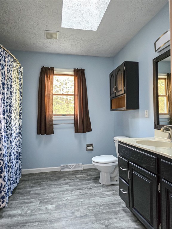 bathroom with a healthy amount of sunlight, a skylight, hardwood / wood-style floors, toilet, and vanity