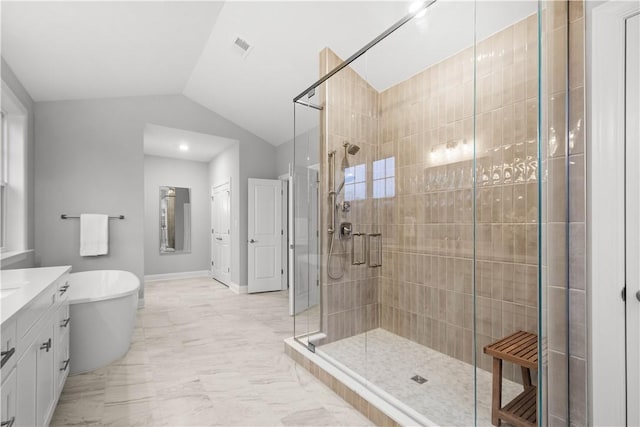 bathroom featuring vanity, plus walk in shower, and lofted ceiling