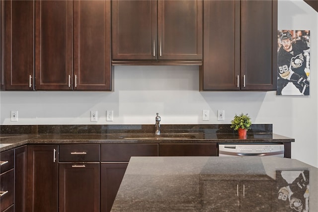 kitchen featuring stainless steel dishwasher, sink, dark brown cabinets, and dark stone counters