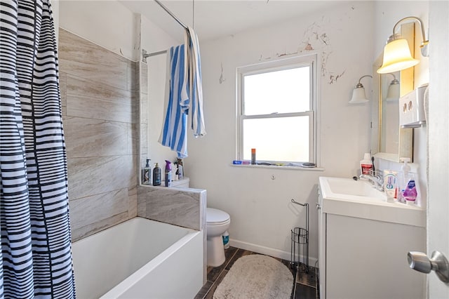 full bathroom with vanity, toilet, and shower / tub combo with curtain