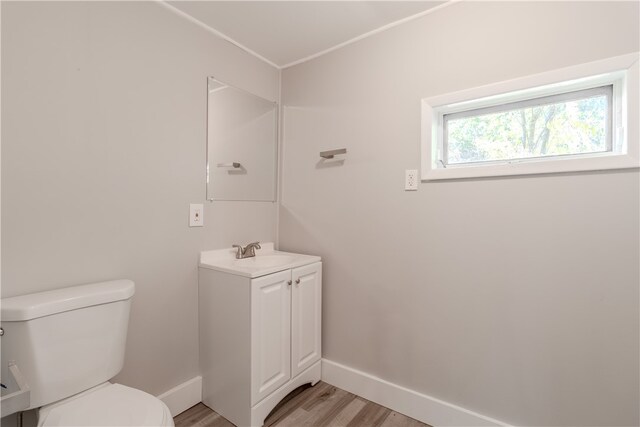 bathroom featuring toilet, hardwood / wood-style flooring, and vanity