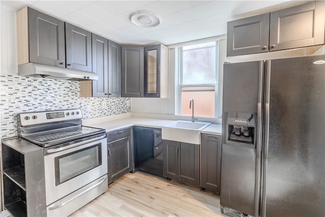 kitchen featuring sink, appliances with stainless steel finishes, decorative backsplash, and light hardwood / wood-style floors