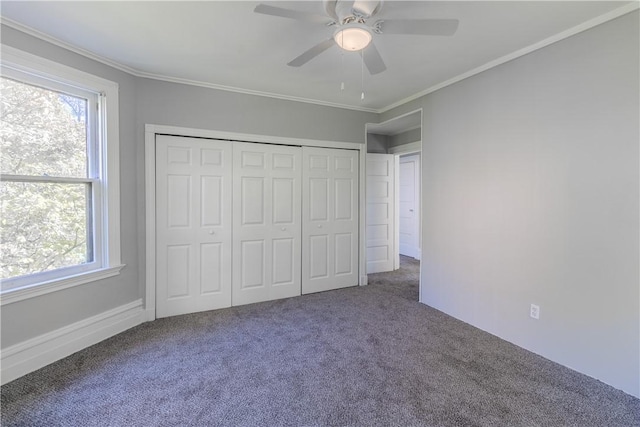 410 W Swissvale Ave, Edgewood, PA 15218 - unfurnished bedroom featuring a ceiling fan, ornamental molding, carpet, and a closet