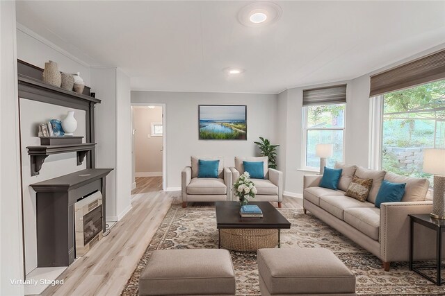 living room with light hardwood / wood-style flooring and a tiled fireplace