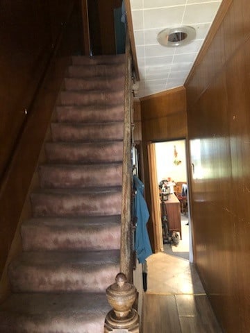 stairway with wooden walls and hardwood / wood-style floors