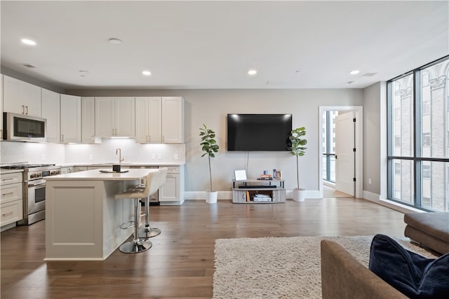 kitchen featuring appliances with stainless steel finishes, an island with sink, a kitchen bar, and a wealth of natural light