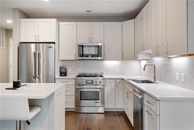 kitchen with sink, high quality appliances, white cabinets, and dark hardwood / wood-style flooring