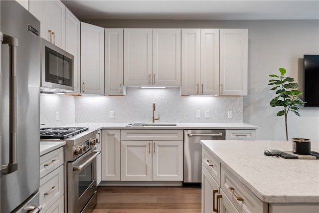 kitchen featuring hardwood / wood-style floors, backsplash, white cabinetry, sink, and premium appliances