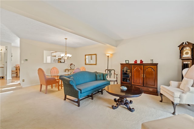 living room with light colored carpet, beam ceiling, and a chandelier