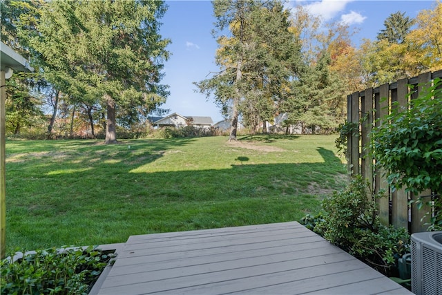 view of yard featuring central air condition unit and a deck