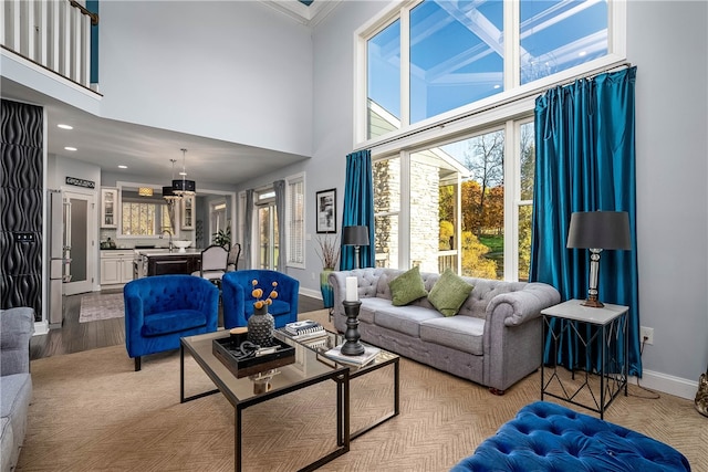 living room with a towering ceiling and light wood-type flooring