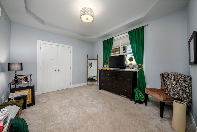 living area featuring light colored carpet and a raised ceiling