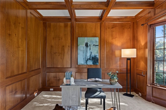 carpeted office space featuring coffered ceiling, beamed ceiling, and wood walls