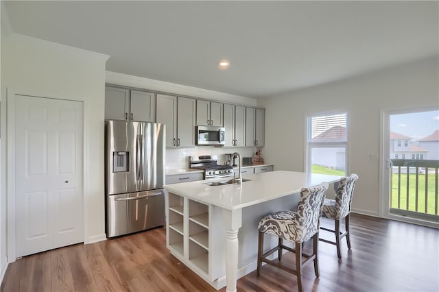 kitchen with wood-type flooring, an island with sink, a kitchen bar, stainless steel appliances, and gray cabinets