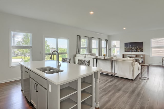 kitchen featuring light hardwood / wood-style flooring, dishwasher, sink, and a kitchen island with sink