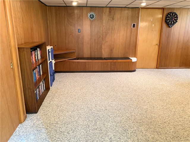 interior space featuring wood walls and carpet floors