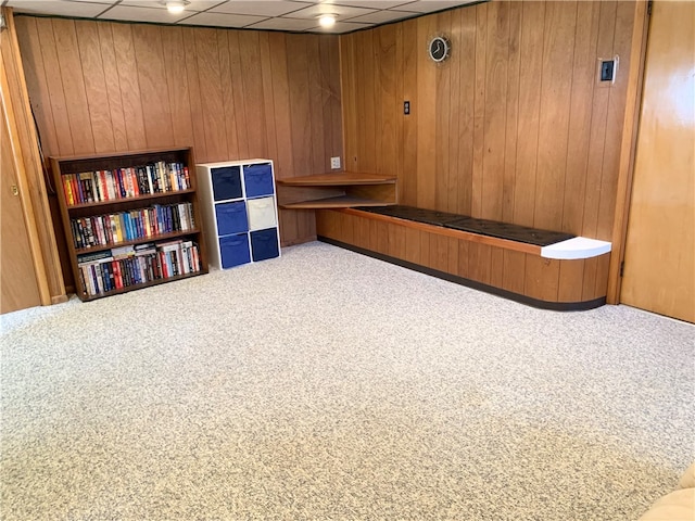 miscellaneous room with a paneled ceiling, wood walls, and carpet