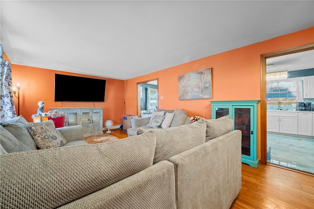 living room featuring a healthy amount of sunlight, sink, and light wood-type flooring