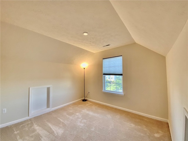 additional living space with a textured ceiling, carpet, and lofted ceiling