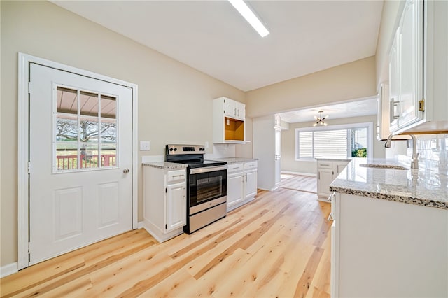 kitchen with sink, white cabinets, light hardwood / wood-style flooring, and stainless steel range with electric cooktop