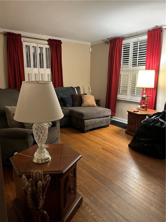 living room with crown molding and wood-type flooring