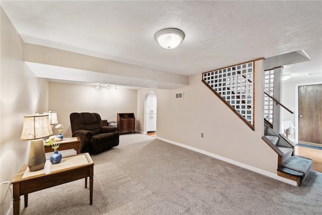 living room with a textured ceiling, track lighting, and light colored carpet