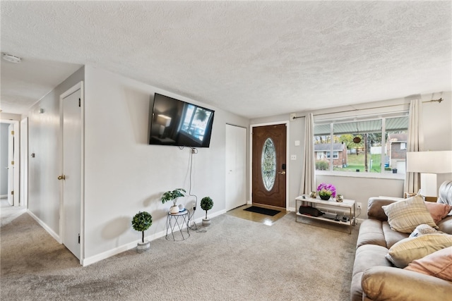 living room featuring a textured ceiling and carpet