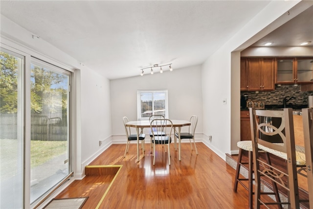 dining room with vaulted ceiling and light hardwood / wood-style floors