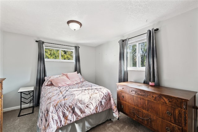 bedroom with a textured ceiling, carpet, and multiple windows