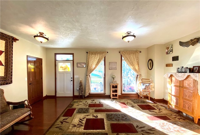 foyer entrance with a textured ceiling and dark hardwood / wood-style floors