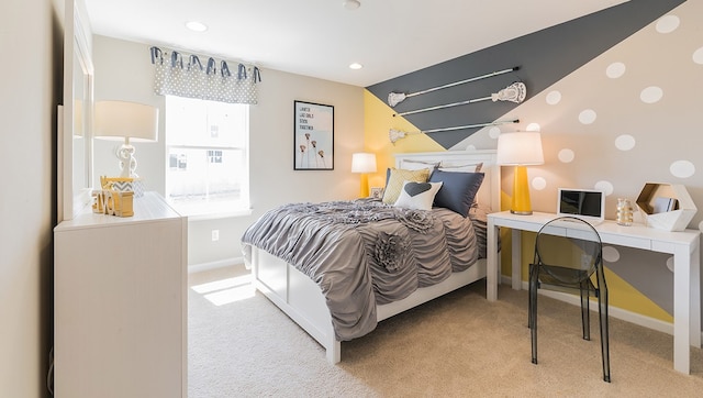 bedroom with recessed lighting, light colored carpet, and baseboards