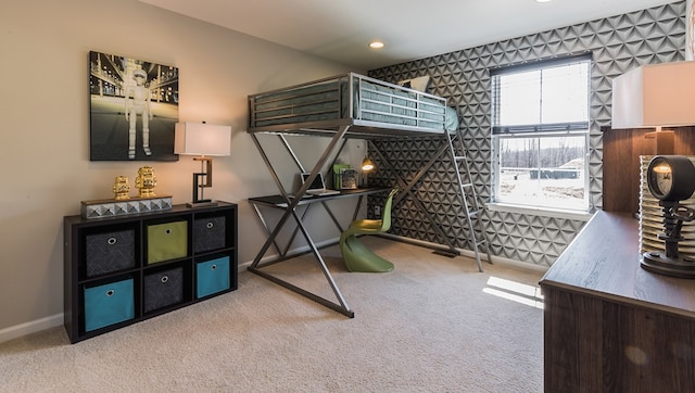 bedroom featuring recessed lighting, light colored carpet, and baseboards